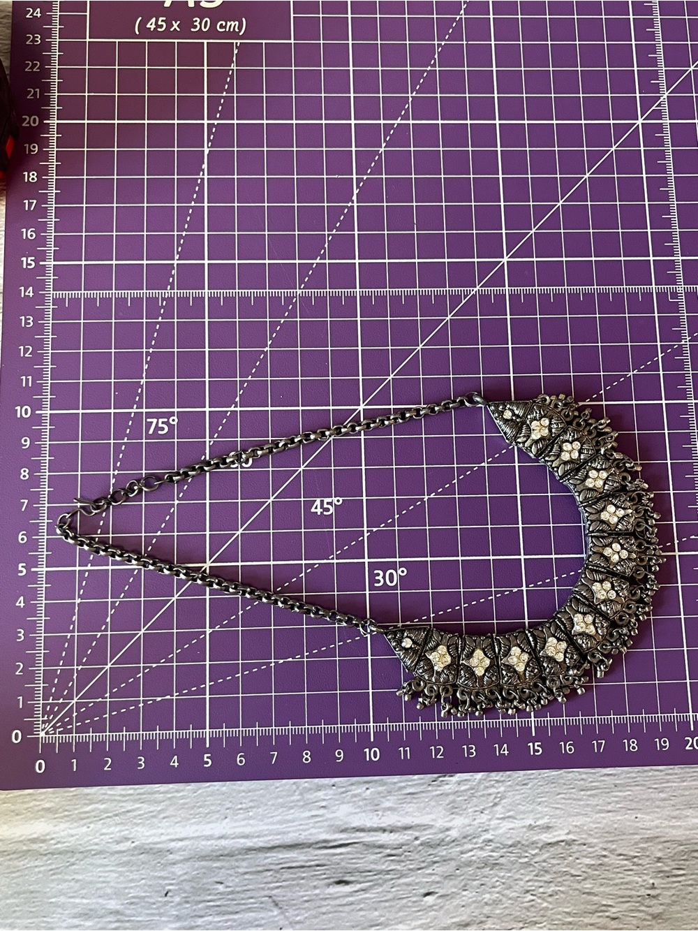 Oxidized Silver Necklace Set Intricate Geometric Patterns & Rhinestones - Picture 11 of 15